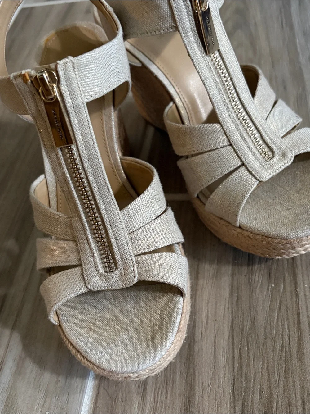 MICHAEL Michael Kors | Gold Linen Espadrille Wedge Sandals | 6.5
